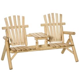 Wooden Adirondack Chair With Center Table, 2-Seat Garden Chair For Lounging And Relaxing Outdoors Natural