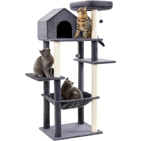 60 InchMulti-Level Cat Tree For Indoor Cats With Plush Hammock, Cozy Cat House, Scratching Post, Top Perch And Two Hanging Balls