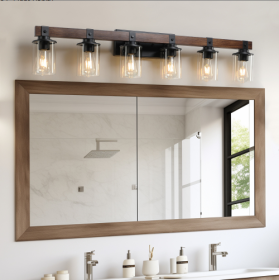 42 Rustic 6-Light Vanity Light, Industrial Bathroom Wall Sconce With Glass Shades And Wood Accent, Modern Farmhouse Lighting Fixture No Bulbs