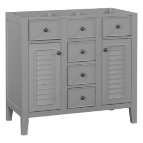 36 Bathroom Vanity Without Sink, Cabinet Base Only, Two Cabinets And Five Drawers, Solid Wood Frame, Grey