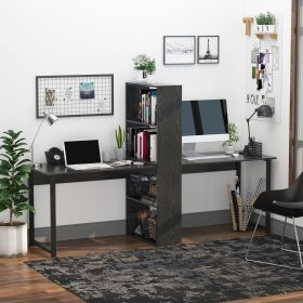 Extra Long 2-Person Desk With Bookshelf Black Home Office Workstation Combo