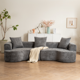 Modern Style Curved Sofa, Soft Corduroy Sofa With 3 Pillows, Living Room Milky White Ultra Smooth Curved Fabric Sofa (Option: Gray)