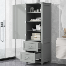 Tall Bathroom Storage Cabinet, Freestanding Storage Cabinet With Two Drawers And Adjustable Shelf, MDF Board With Painted Finish (Color: Grey)