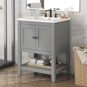 24 White Modern Sleek Bathroom Vanity Elegant Ceramic Sink With Solid Wood Frame Open Style Shelf (Color: Grey)