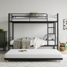 Twin Bunk Bed With Trundle Metal Bunkbeds With Ladder And Full-Length Guardrail, Noise Free, No Box Spring Needed, Black (Color: Black)
